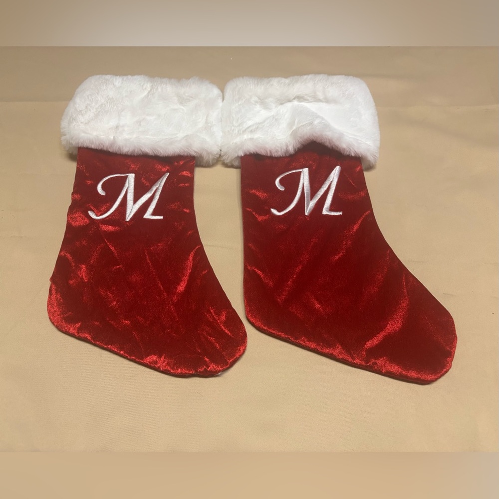 Set‎ of 2 - Red Velvet Christmas Stockings with White Fur Trim Embroidered M
